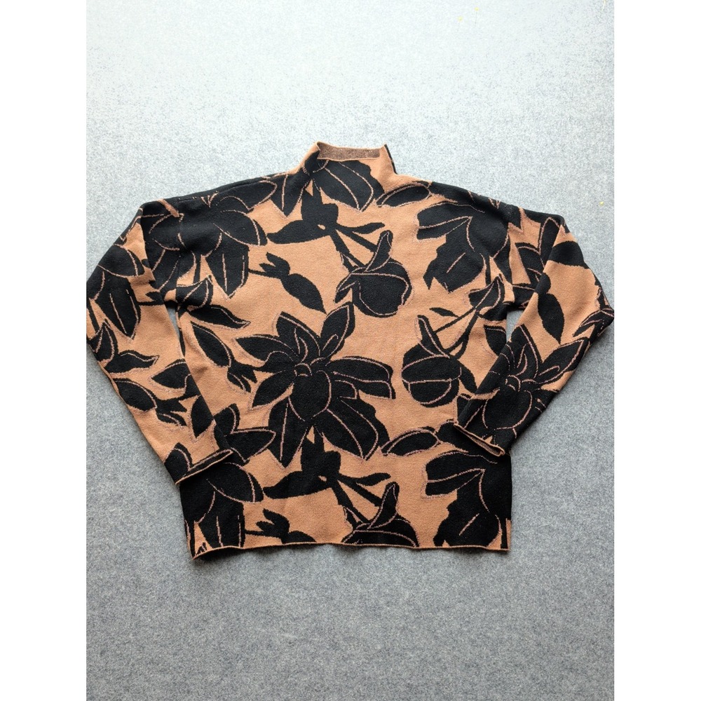 Tahari Women's Mock Neck Knit Sweater Black & Brown Floral Jacquard Pattern....